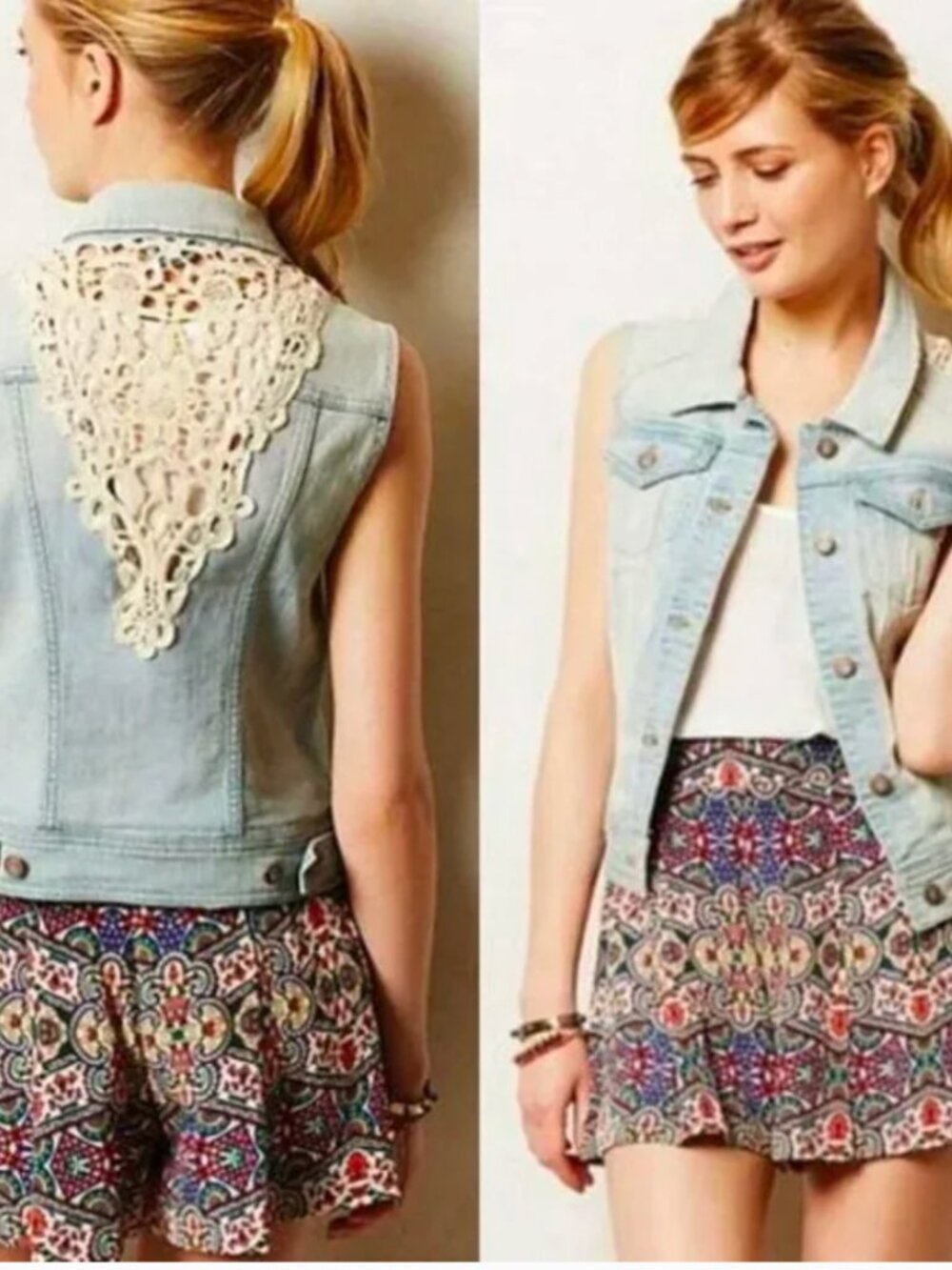 Anthropologie Pilcro & The Letterpress Denim Vest Crochet Lace Back (Small)
